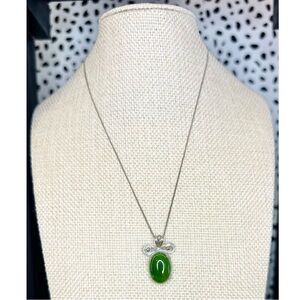 Vintage Sterling Silver 1950’s Genuine Green Jade Pendant Necklace Filigree
